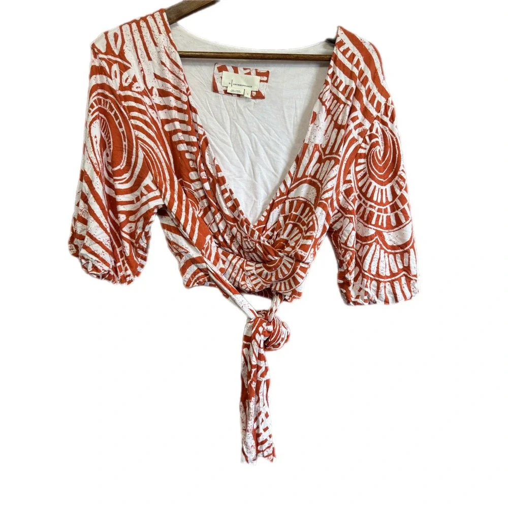 Anthropologie Wrap Top Women Small Orange‎ White Batik Print Puff Sleeve